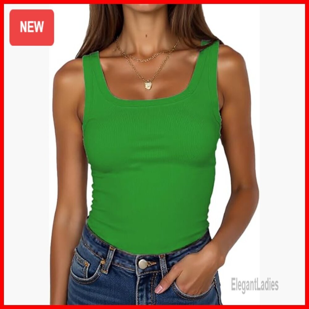 Sleeveless Scoop Neck Ribbed Tank Top Fitted Summer Cami